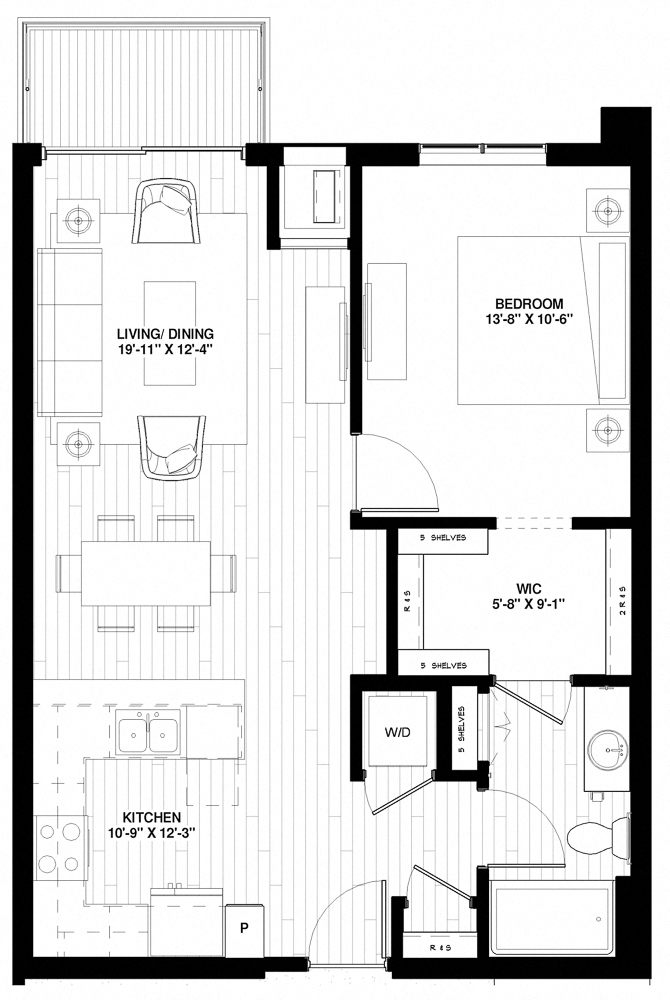 Floor plan for 1 bed, 1 bath, 773 sqft